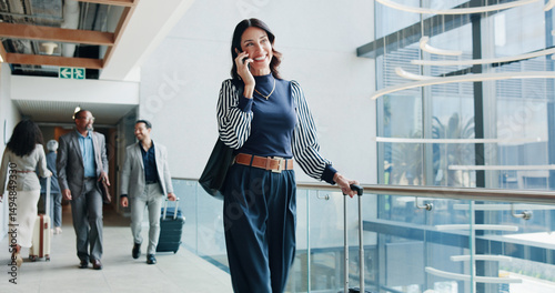 Cuadro en lienzo Business trip, smile and woman with suitcase, phone call or communication for travel arrangement