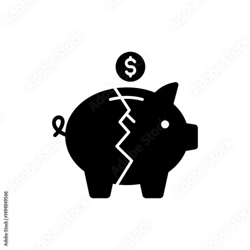 Cracked Piggy Bank with Coin Icon Representing Lost Savings or Financial Trouble