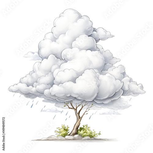 A whical tree illustration with a cloud-shaped canopy shedding rain drops