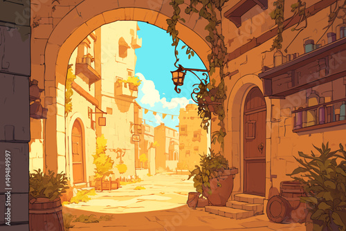 Flat vector illustration of view of medieval city street. Vector EPS 10