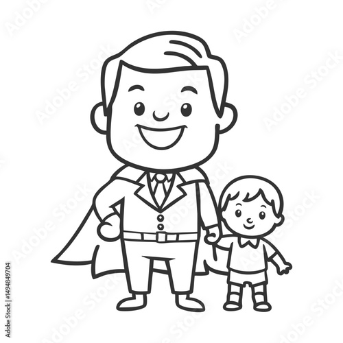 Happy Father's Day coloring book featuring father and son dressed as superheroes.