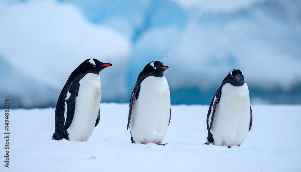 Obraz premium Antarctic Penguins Trio on Iceberg with Majestic Wildlife.