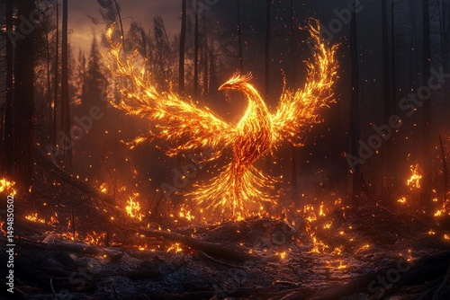 Glowing phoenix made of vibrant plants rises majestically from the ashes in a mystical, enchanted forest setting at sunrise