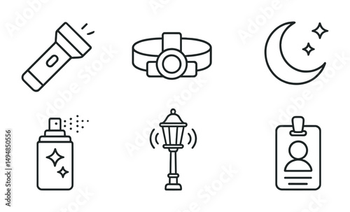Outdoor adventure outline icons set – camping, hiking, exploration symbols