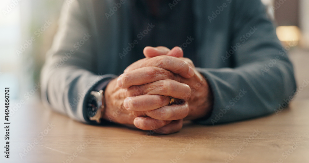 Fototapeta premium Hands, prayer and senior person with faith in house, religion and connection with holy spirit in retirement. Belief, worship and Christianity with praise, God and peace in morning at nursing home