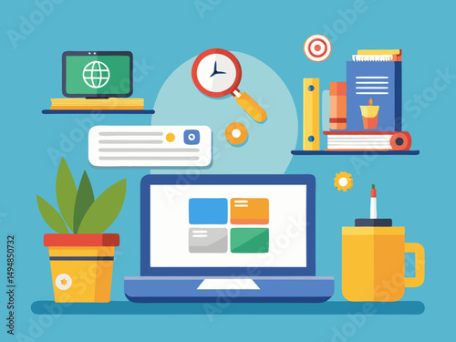 Digital search concept illustrated with web browser on laptop and office supplies