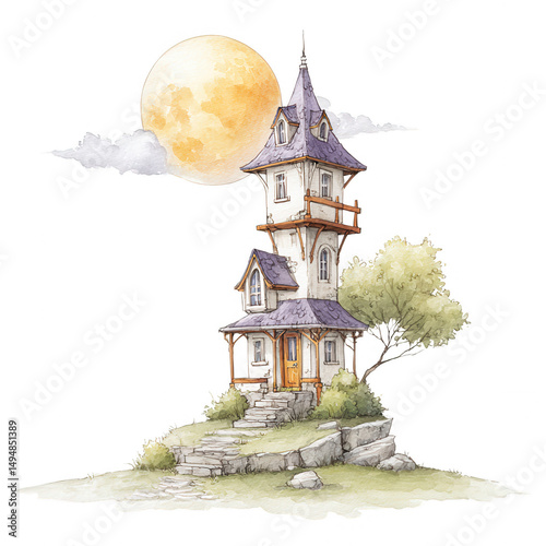 Charming fantasy house stands beautifully with full moon behind it tonight