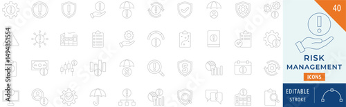 Risk Management icon collection set. Containing asset, management, regulation, strategic planning, consultations, and more. Editable stroke. 