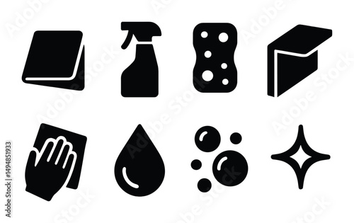 Cleaning tools silhouette icons set – solid, housekeeping, sanitation symbols