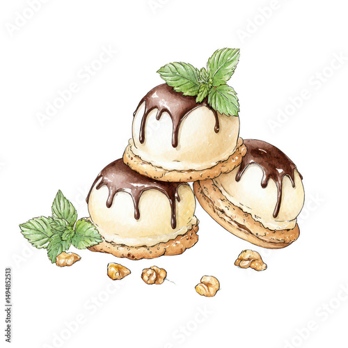 Watercolor vanilla ice cream cookies with chocolate and mint look delicious.