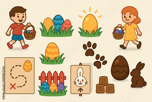 Easter egg hunt flat icons set – festive, colorful, spring celebration graphics