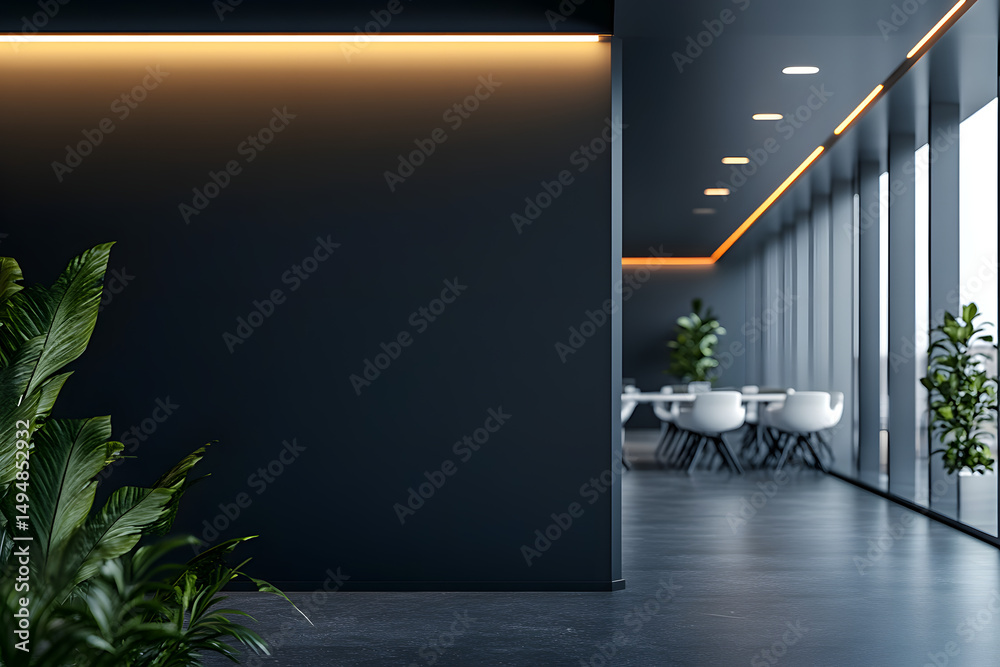 Obraz premium Blank dark wall mockup in modern office interior with blurred meeting room and white chairs in background with copyspace for branding or signage.