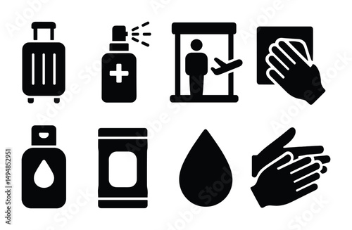 Travel and hygiene solid icons set – simple, filled, cleaning and sanitization symbols