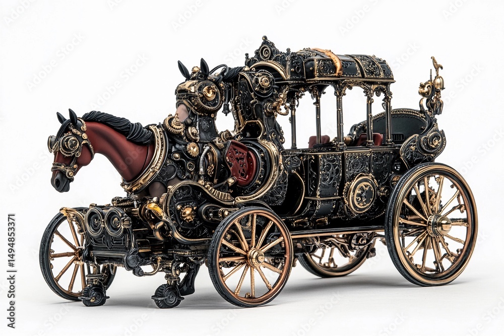 Fototapeta premium Intricate steampunk horse-drawn carriage showcasing unique mechanical design and vintage aesthetics in a dimly lit environment