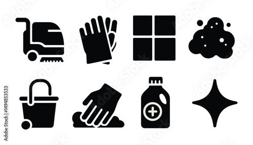 Cleaning tools silhouette icons set – solid, filled, housekeeping and hygiene symbols
