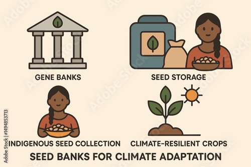 Seed conservation icons set – flat, solid, gene banks and climate adaptation symbols