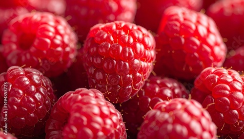 close up texture of fresh red raspberries, concept of summer fruit and healthy food.