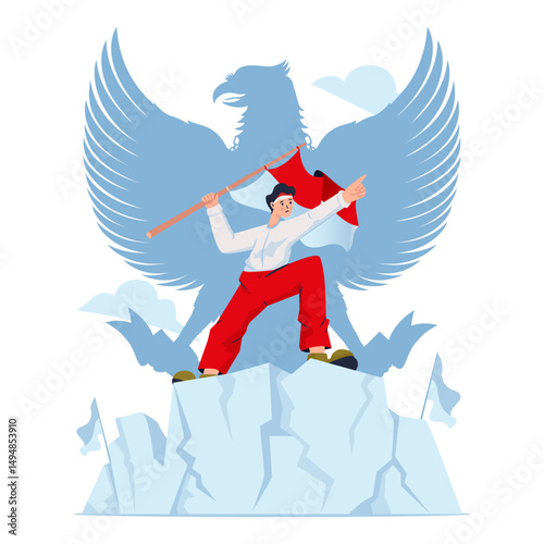 Indonesian youth standing on mountaintop waving the flag for Pancasila day vector illustration