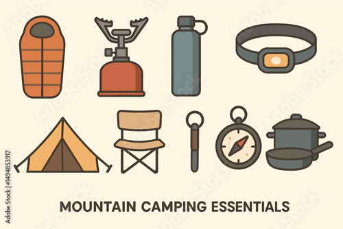 Mountain camping essentials outline icons set – linear, outdoor, adventure gear symbols