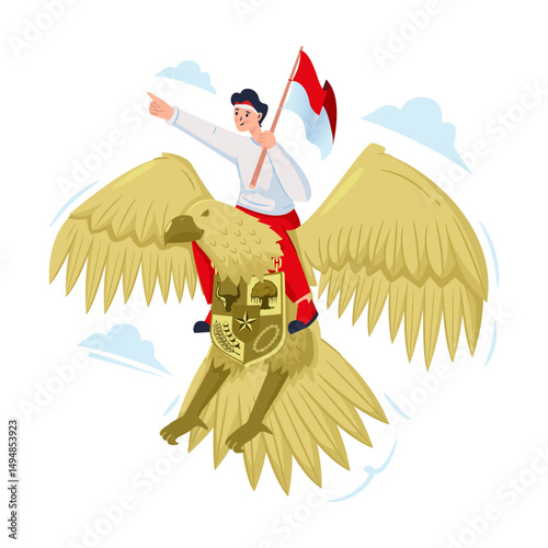 Pancasila day celebration with Indonesian youth on Garuda bird vector illustration