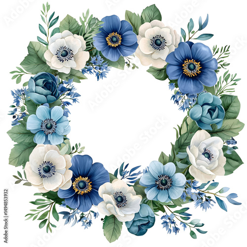 Floral wreath with blue and white anemones for wedding invitation design isolated on  transparent  background 