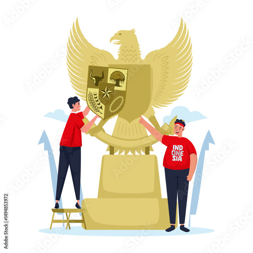 Pancasila day celebration with two young man decorating garuda statue vector illustration