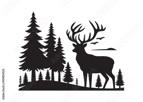 Deer with Pine Trees and Forest Silhouette Black Vector White Background Illustration