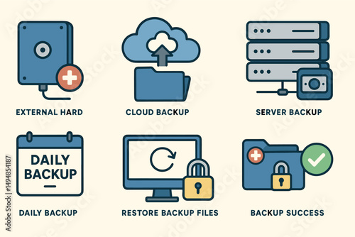 Backup and data security icons set – flat, cloud, storage and protection symbols