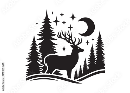 Deer with Pine Trees and Forest Silhouette Black Vector White Background Illustration
