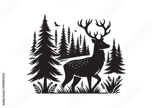 Deer with Pine Trees and Forest Silhouette Black Vector White Background Illustration