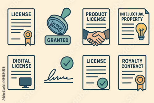 Licensing and intellectual property icons set – flat, filled, contract and approval symbols