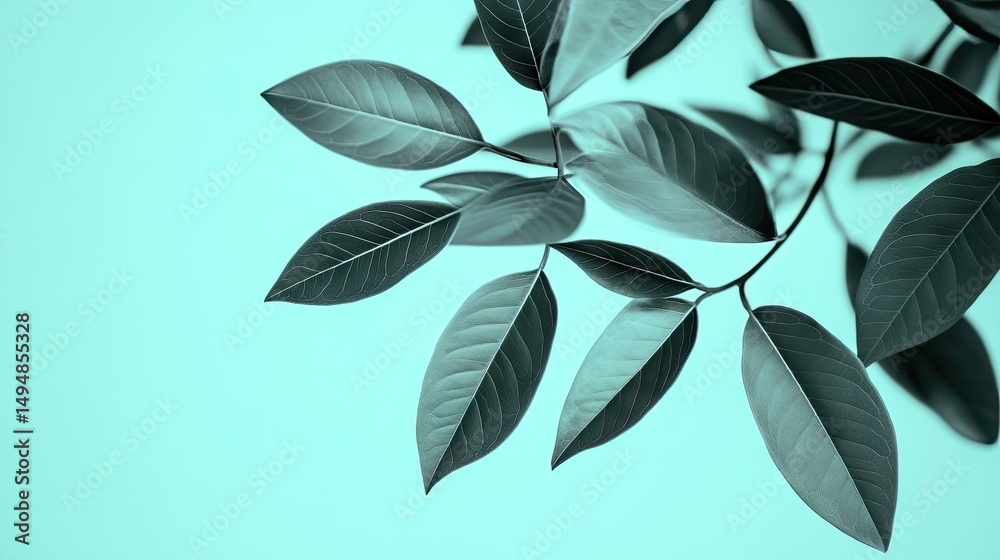 Close-up view of dark leaves against a light teal background. Close-up view of dark leaves against a light teal background.