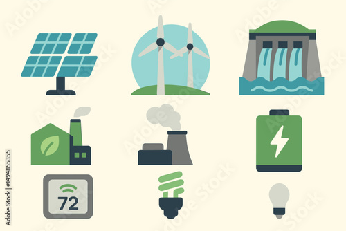 Renewable energy flat icons set – sustainable resources, eco-friendly power symbols