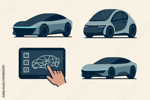 Futuristic car icons set – isometric, digital, vehicle design symbols