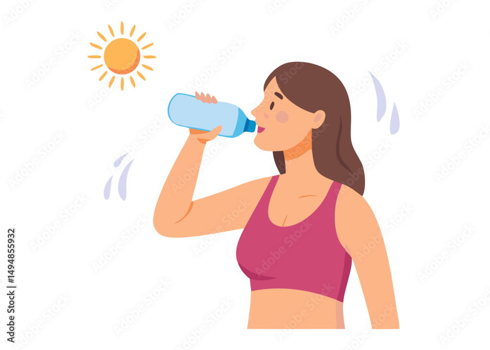Woman suffering from heat, sweating and drinking fresh water from bottle to prevent dehydration on hot summer day. Hydration concept. Vector illustration.
Woman suffering from heat, sweating and drinking fresh water from bottle to prevent dehydration on hot summer day. Hydration concept. Vector illustration.