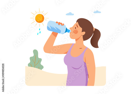
Woman suffering from heat, sweating and drinking fresh water from bottle to prevent dehydration on hot summer day. Hydration concept. Vector illustration.