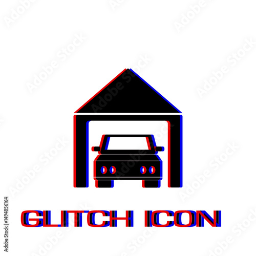 Car garage icon flat. Simple pictogram - Glitch effect. Vector illustration symbol