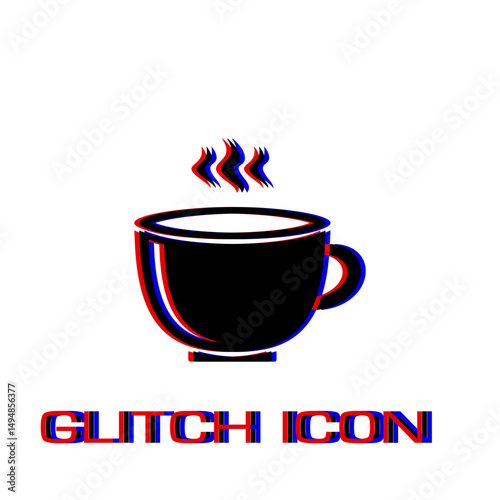 Coffee cup icon flat. Simple pictogram - Glitch effect. Vector illustration symbol