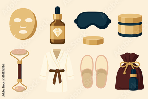 Beauty and spa flat icons set – relaxation, skincare, wellness symbols