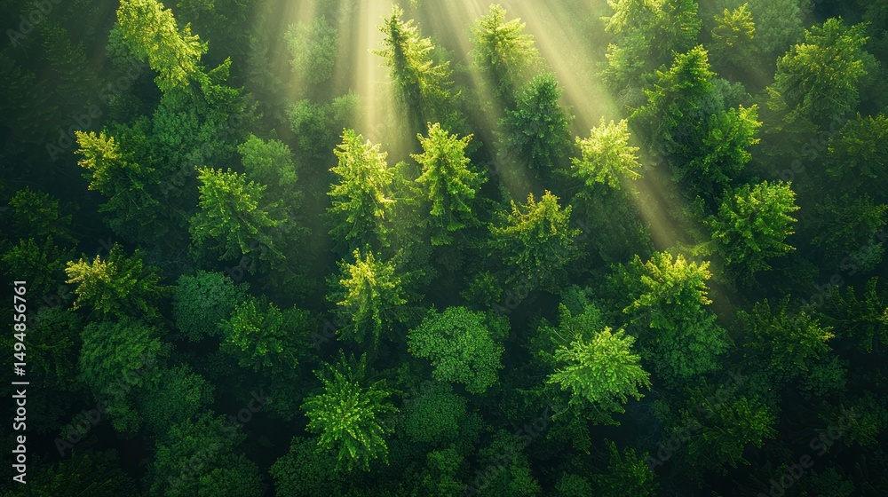 Obraz premium Verdant forest canopy, sunlight beams