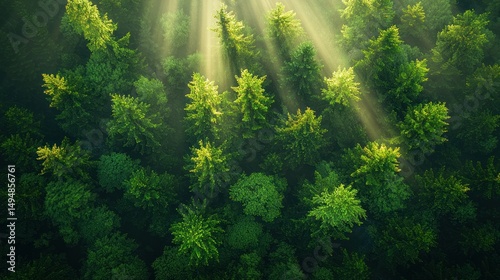 Verdant forest canopy, sunlight beams