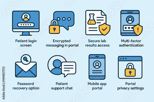 Healthcare and security outline icons set – flat, filled, medical and protection symbols