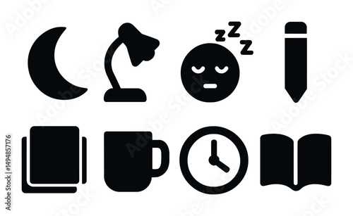 Nighttime and sleep solid icons set – filled, bedtime, relaxation symbols