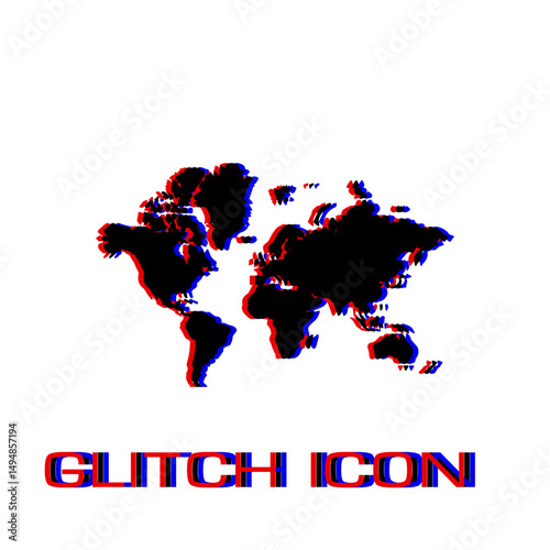 World map icon flat. Simple pictogram - Glitch effect. Vector illustration symbol