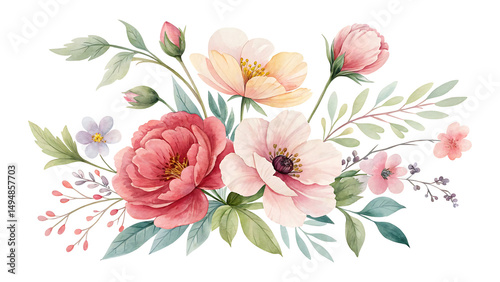 Fototapeta Naklejka Na Ścianę i Meble -  Beautiful watercolor painting of a delicate floral bouquet featuring various blossoms