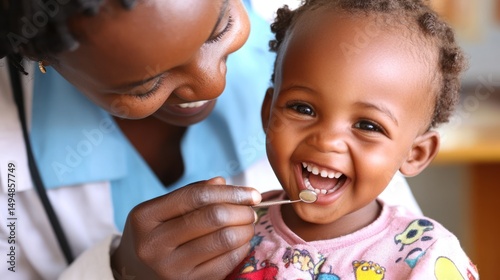A smiling child receiving a dental examination from a professional