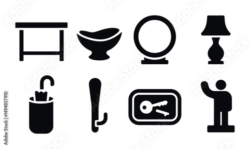Home and decor solid icons set – filled, furniture, interior design symbols