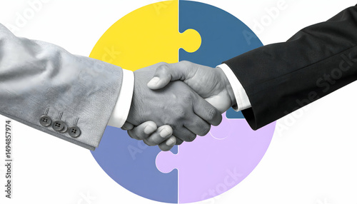 Two business professionals shaking hands over a colorful puzzle background symbolizing collaboration