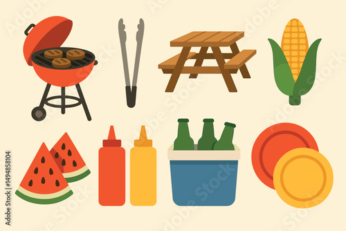 Barbecue and picnic flat icons set – outdoor, grilling, summer party symbols