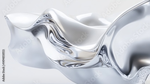 Abstract silver form, fluid and reflective, undulating with subtle highlights against a muted background